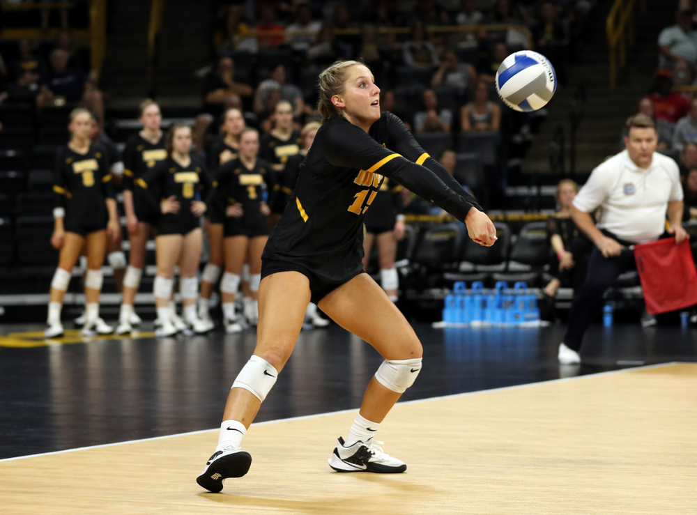 Iowa Hawkeyes defensive specialist Maddie Slagle (15) against the Iowa State Cyclones Saturday, September 21, 2019 at Carver-Hawkeye Arena. (Brian Ray/hawkeyesports.com)