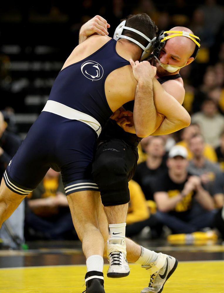 Iowa’s Alex Marinelli wrestles Penn State’s Vincenzo Joseph at 165 pounds Friday, January 31, 2020 at Carver-Hawkeye Arena. (Brian Ray/hawkeyesports.com)