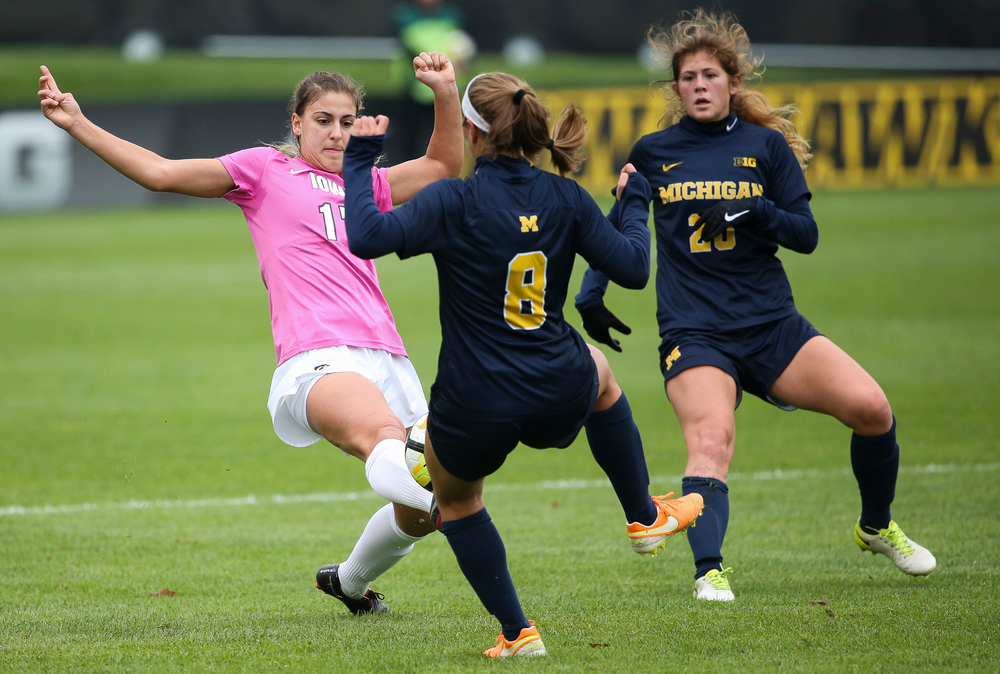 Iowa Hawkeyes defender Hannah Drkulec (17) makes a tackle during a game against Michigan at the Iowa Soccer Complex on October 14, 2018. (Tork Mason/hawkeyesports.com)