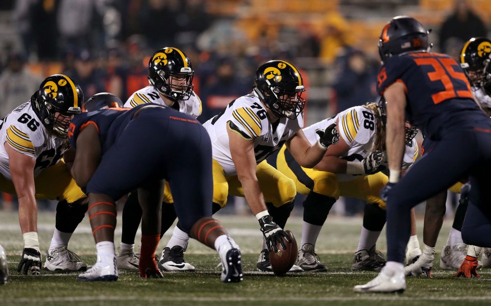 Iowa Hawkeyes offensive lineman Dalton Ferguson (76) against the Illinois Fighting Illini Saturday, November 17, 2018 at Memorial Stadium in Champaign, Ill. (Brian Ray/hawkeyesports.com)