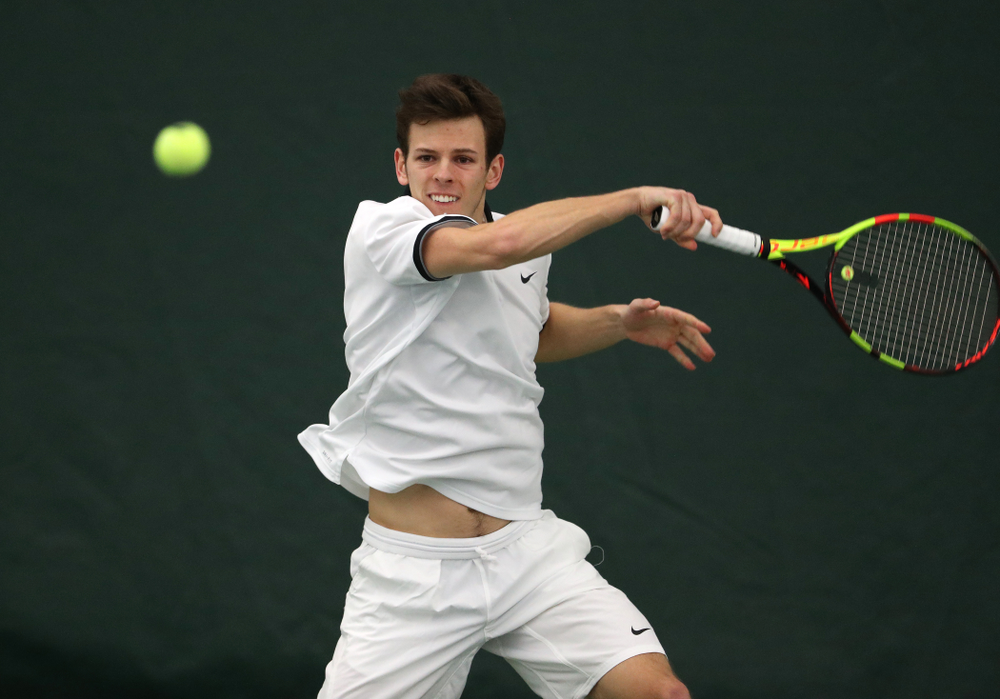 Iowa's Piotr Smietana against North Dakota Friday, January 25, 2019 at the Hawkeye Tennis and Recreation Complex. (Brian Ray/hawkeyesports.com)