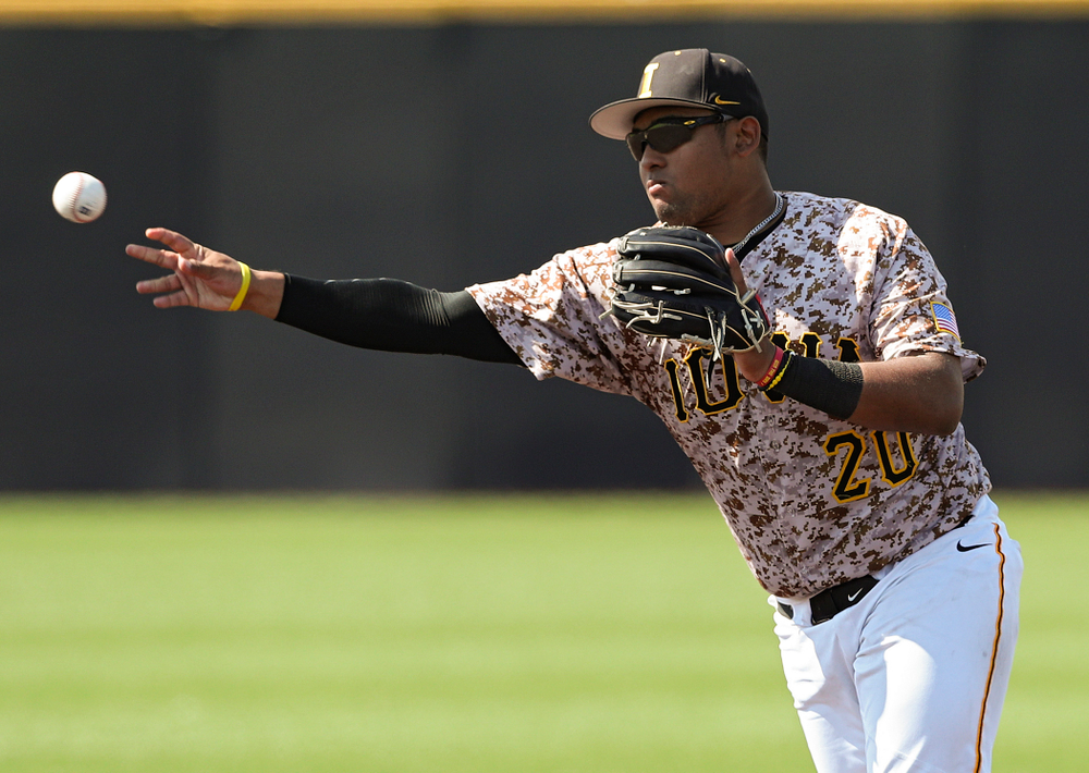 Iowa Hawkeyes second baseman Izaya Fullard (20) throws to first for an out during the sixth inning of their game against UC Irvine at Duane Banks Field in Iowa City on Sunday, May. 5, 2019. (Stephen Mally/hawkeyesports.com)