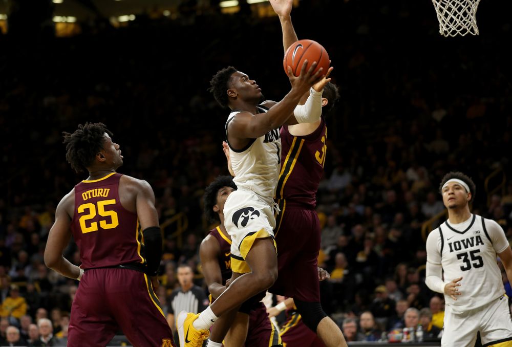 Iowa Hawkeyes guard Joe Toussaint (1) against the Minnesota Golden Gophers Monday, December 9, 2019 at Carver-Hawkeye Arena. (Brian Ray/hawkeyesports.com)