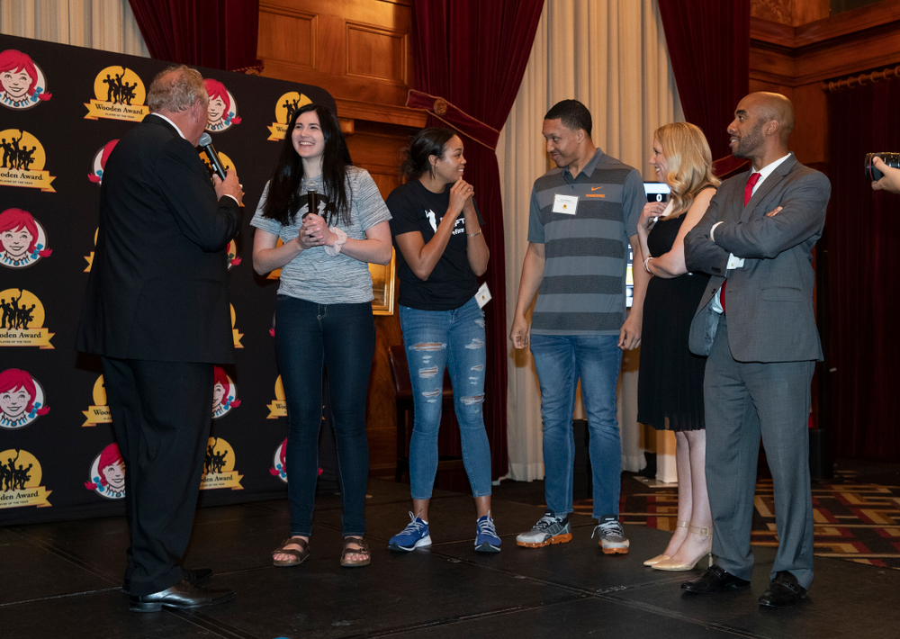 Iowa Hawkeyes forward Megan Gustafson (10) plays family feud with the other Wooden Award finalists during the Wooden Award DukeÕs Dinner Thursday, April 11, 2019 at the LA Athletic Club. (Brian Ray/hawkeyesports.com)
