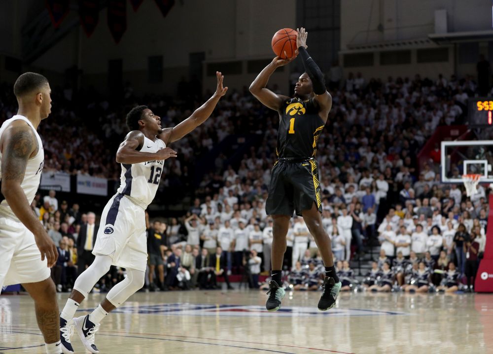 Iowa Hawkeyes guard Joe Toussaint (1) against Penn State Saturday, January 4, 2020 at the Palestra in Philadelphia. (Brian Ray/hawkeyesports.com)
