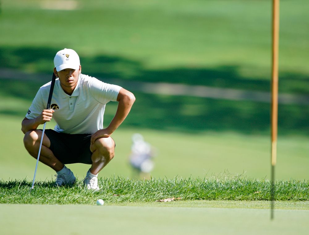 Iowa’s Joe Kim lines up a putt during the second day of the Golfweek Conference Challenge at the Cedar Rapids Country Club in Cedar Rapids on Monday, Sep 16, 2019. (Stephen Mally/hawkeyesports.com)