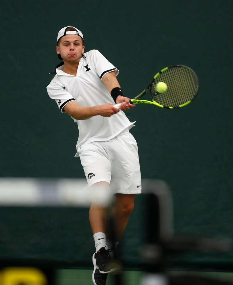 Will Davies against Purdue Sunday, April 15, 2018 at the Hawkeye Tennis and Recreation Center. (Brian Ray/hawkeyesports.com)