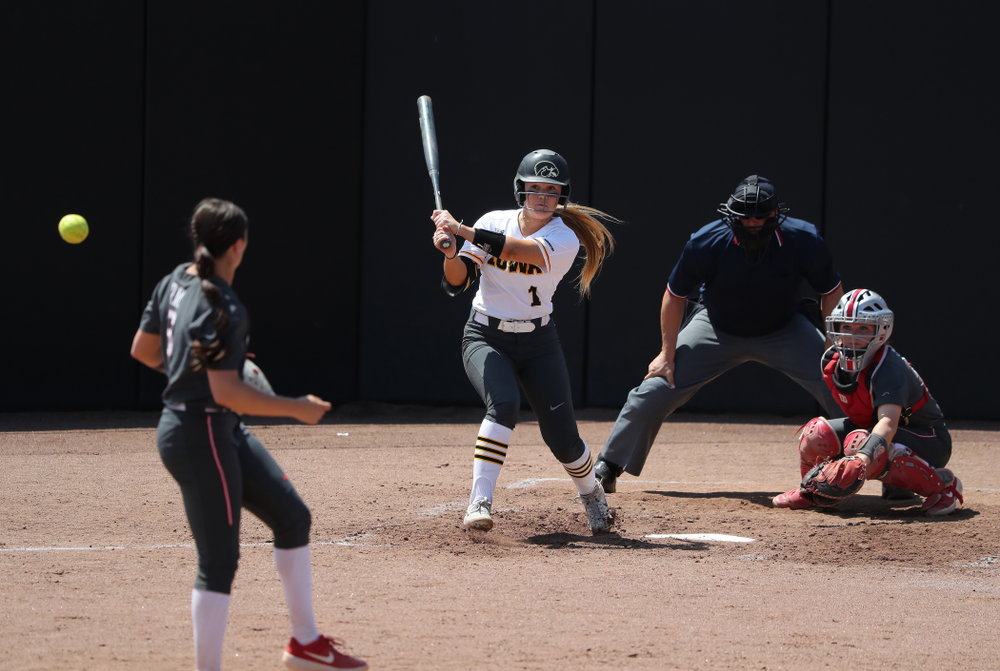Iowa Hawkeyes Cameron Cecil (1) singles against the Ohio State Buckeyes on senior day Sunday, May 5, 2019 at Pearl Field. (Brian Ray/hawkeyesports.com)