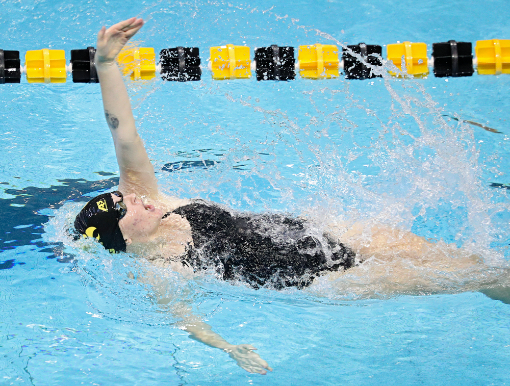 Iowa’s Erin Lang swims the women’s 200-yard backstroke event during their meet against Michigan State and Northern Iowa at the Campus Recreation and Wellness Center in Iowa City on Friday, Oct 4, 2019. (Stephen Mally/hawkeyesports.com)