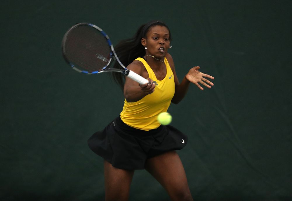 Iowa's Adorabol Huckleby plays a doubles match against Xavier Friday, January 18, 2019 at the Hawkeye Tennis and Recreation Center. (Brian Ray/hawkeyesports.com)