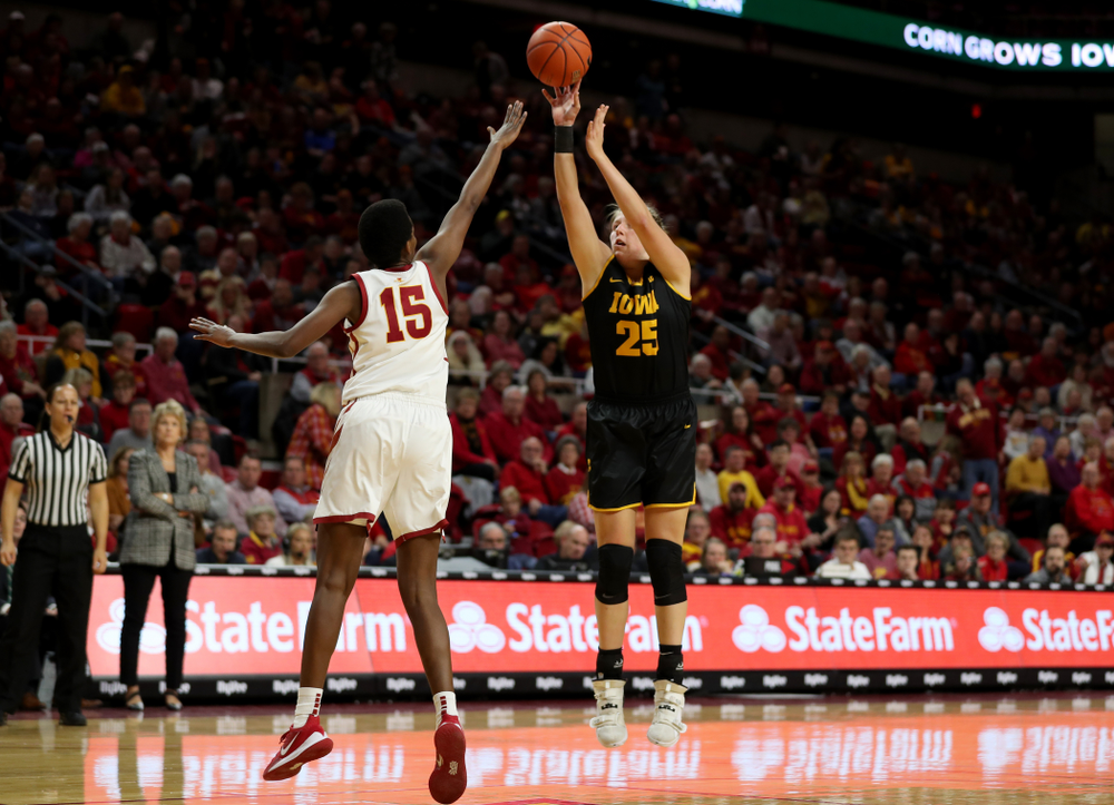 Iowa Hawkeyes forward/center Monika Czinano (25) against the Iowa State Cyclones Wednesday, December 11, 2019 at Hilton Coliseum in Ames, Iowa(Brian Ray/hawkeyesports.com)