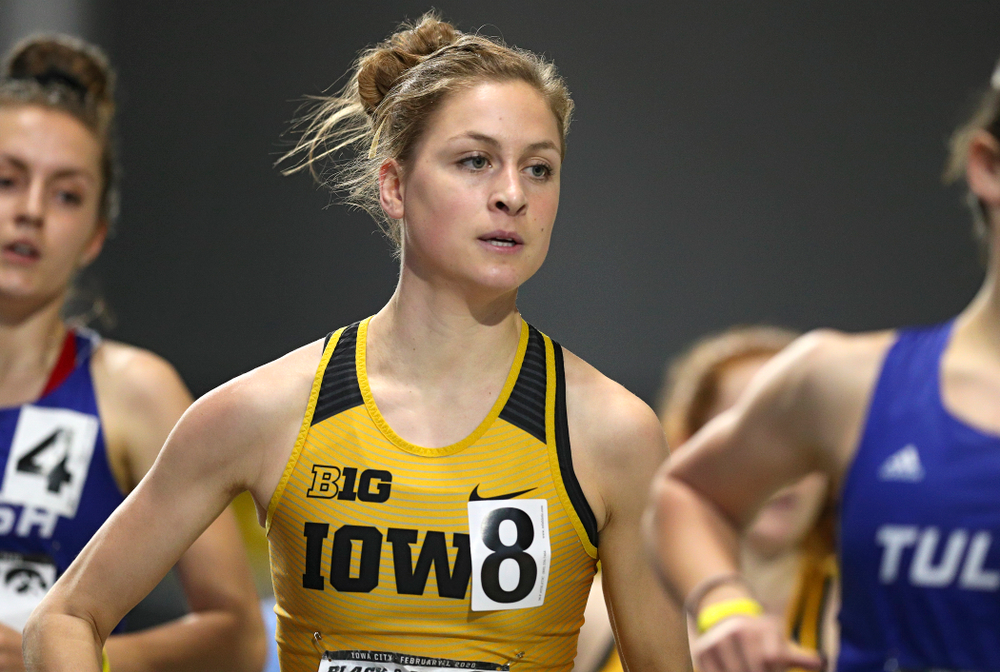 Iowa’s Elyse Prescott runs the women’s 1 mile run event at the Black and Gold Invite at the Recreation Building in Iowa City on Saturday, February 1, 2020. (Stephen Mally/hawkeyesports.com)