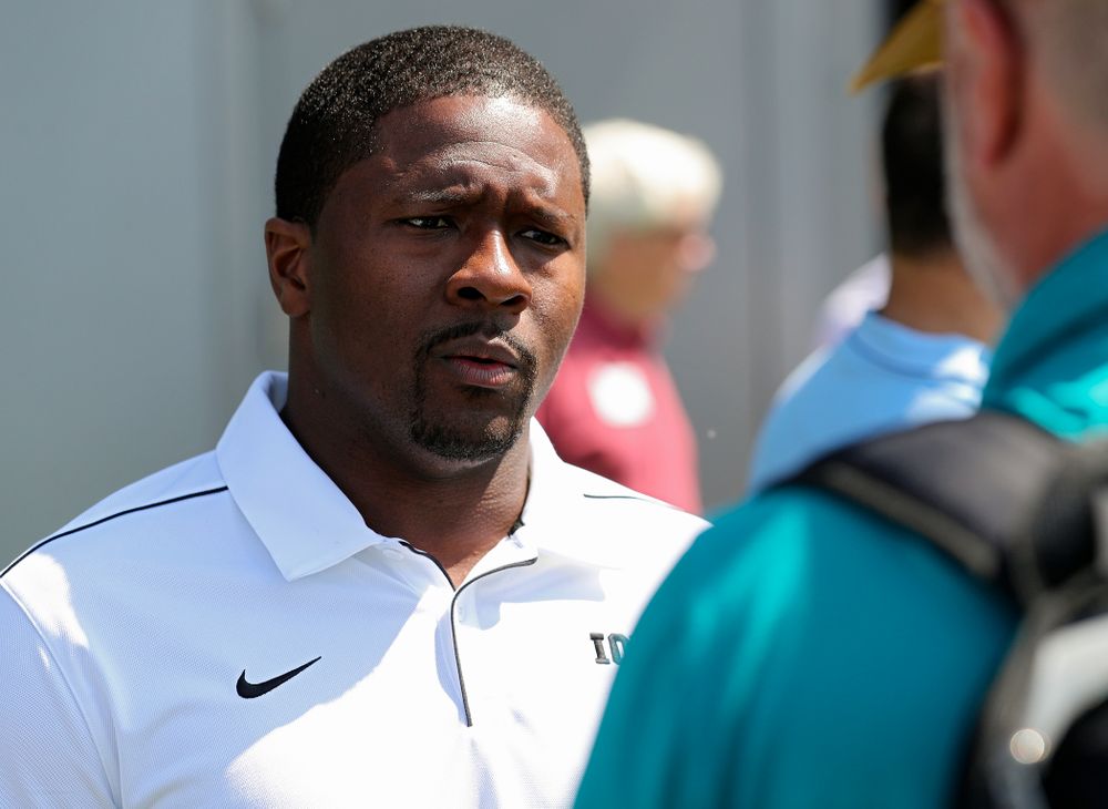 Iowa Hawkeyes running backs coach Derrick Foster answers questions during Iowa Football Media Day at the Hansen Football Performance Center in Iowa City on Friday, Aug 9, 2019. (Stephen Mally/hawkeyesports.com)