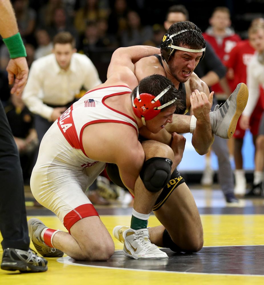 Iowa’s Michael Kemerer wrestles Nebraska’s Mickey Labriola at 174 pounds Saturday, January 18, 2020 at Carver-Hawkeye Arena. Kemerer won the match 3-1. (Brian Ray/hawkeyesports.com)
