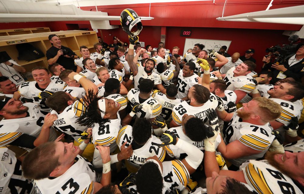 Iowa Hawkeyes defensive end A.J. Epenesa (94) celebrates their win against the Iowa State Cyclones Saturday, September 14, 2019 in Ames, Iowa. (Brian Ray/hawkeyesports.com)