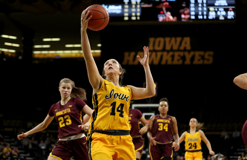 Iowa Hawkeyes forward McKenna Warnock (14) against the Minnesota Golden Gophers Thursday, February 27, 2020 at Carver-Hawkeye Arena. (Brian Ray/hawkeyesports.com)