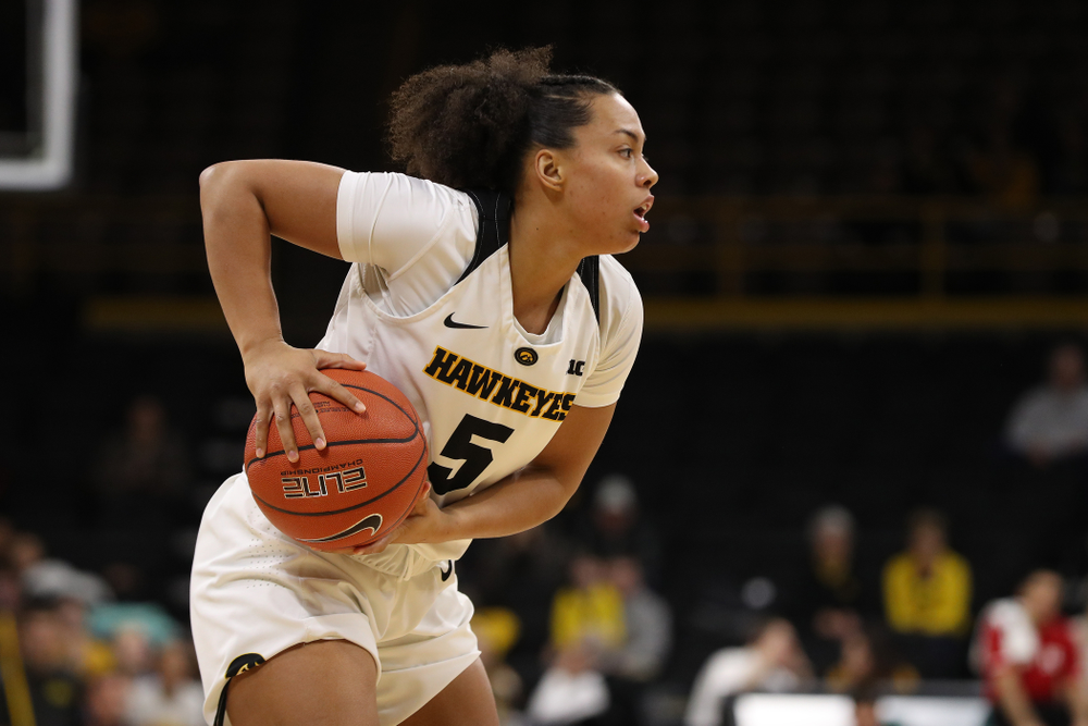 Iowa Hawkeyes guard Alexis Sevillian (5) against the Rutgers Scarlet Knights Wednesday, January 23, 2019 at Carver-Hawkeye Arena. (Brian Ray/hawkeyesports.com)