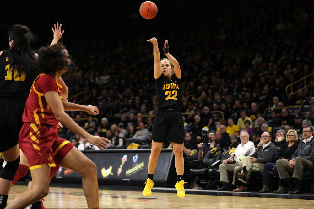 Iowa Hawkeyes guard Kathleen Doyle (22) knocks down a three point basket against the Iowa State Cyclones in the Iowa Corn Cy-Hawk Series Wednesday, December 5, 2018 at Carver-Hawkeye Arena. (Brian Ray/hawkeyesports.com)