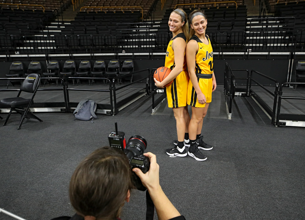 Iowa guard Makenzie Meyer (3) and guard Megan Meyer (11) pose for a picture during Iowa Women’s Basketball Media Day at Carver-Hawkeye Arena in Iowa City on Thursday, Oct 24, 2019. (Stephen Mally/hawkeyesports.com)
