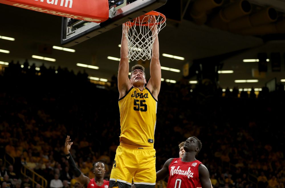 Iowa Hawkeyes forward Luka Garza (55) dunks the ball against the Nebraska Cornhuskers Saturday, February 8, 2020 at Carver-Hawkeye Arena. (Brian Ray/hawkeyesports.com)