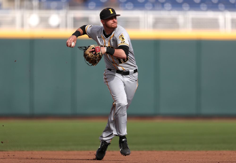 Iowa Hawkeyes Tanner Wetrich (16) against the Indiana Hoosiers in the first round of the Big Ten Baseball Tournament Wednesday, May 22, 2019 at TD Ameritrade Park in Omaha, Neb. (Brian Ray/hawkeyesports.com)