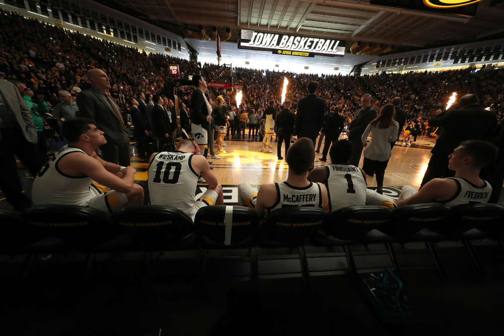 Iowa Hawkeyes forward Luka Garza (55), guard Joe Wieskamp (10), guard Connor McCaffery (30), guard Joe Toussaint (1), and guard CJ Fredrick (5) before their game against Penn State Saturday, February 29, 2020 at Carver-Hawkeye Arena. (Brian Ray/hawkeyesports.com)