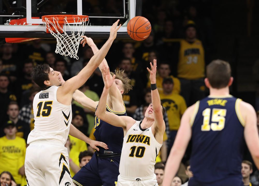 Iowa Hawkeyes forward Ryan Kriener (15) and guard Joe Wieskamp (10) against the Michigan Wolverines Friday, February 1, 2019 at Carver-Hawkeye Arena. (Brian Ray/hawkeyesports.com)