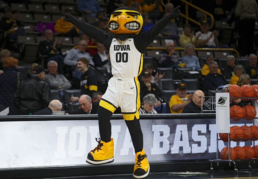 Herky takes the court before the game at Carver-Hawkeye Arena in Iowa City on Thursday, February 6, 2020. (Stephen Mally/hawkeyesports.com)