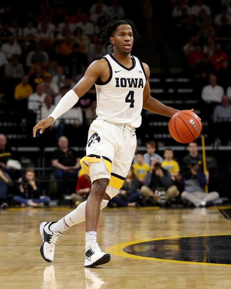 Iowa Hawkeyes guard Bakari Evelyn (4) against the Illinois Fighting Illini Sunday, February 2, 2020 at Carver-Hawkeye Arena. (Brian Ray/hawkeyesports.com)