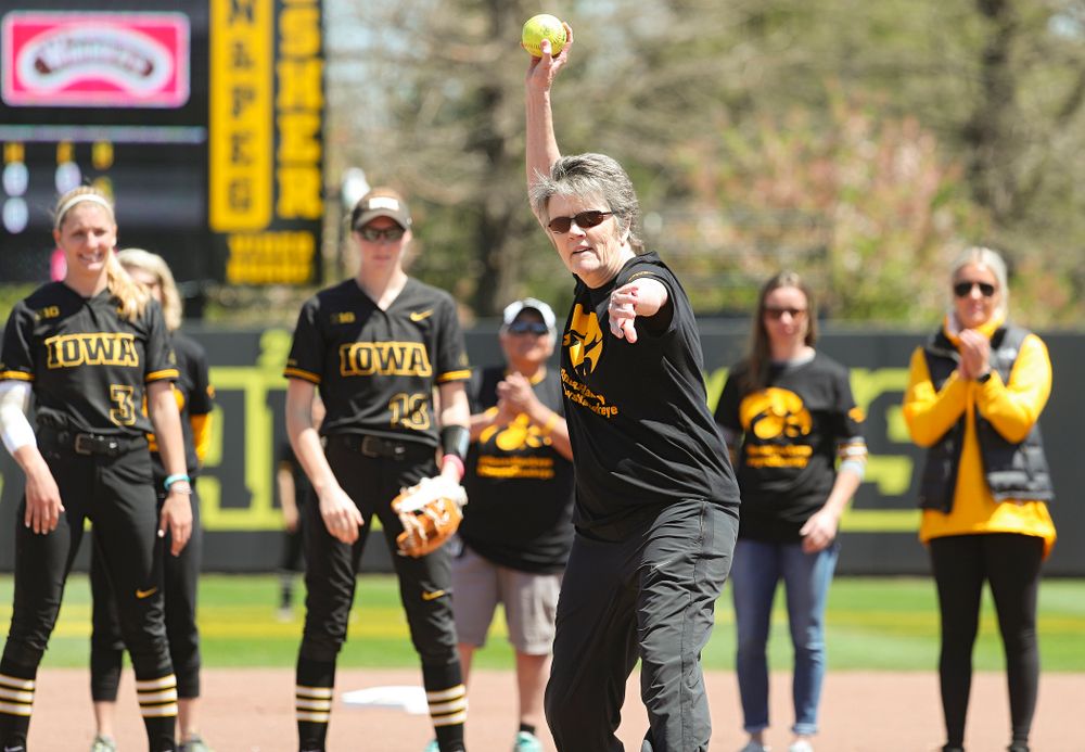 Former Iowa head coach Gayle Blevins throws out the first pitch before the game against Ohio State at Pearl Field in Iowa City on Saturday, May. 4, 2019. (Stephen Mally/hawkeyesports.com)
