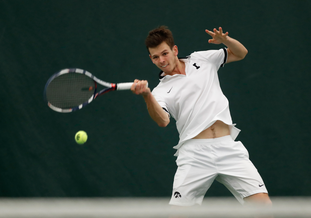 Piotr Smietana against Purdue Sunday, April 15, 2018 at the Hawkeye Tennis and Recreation Center. (Brian Ray/hawkeyesports.com)