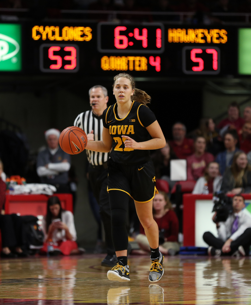 Iowa Hawkeyes guard Kathleen Doyle (22) against the Iowa State Cyclones Wednesday, December 11, 2019 at Hilton Coliseum in Ames, Iowa(Brian Ray/hawkeyesports.com)