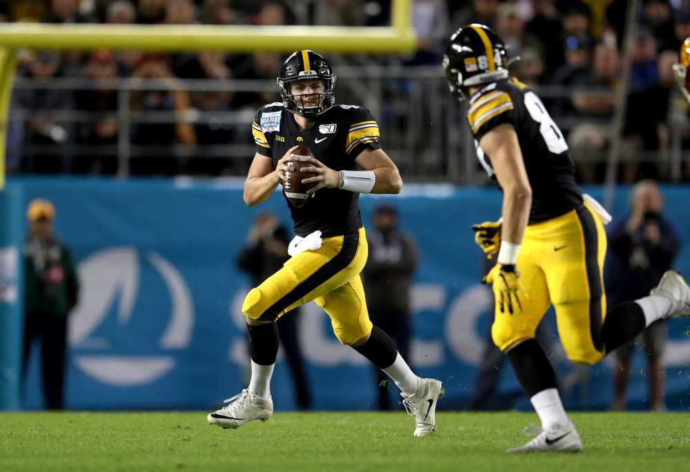 Iowa Hawkeyes quarterback Nate Stanley (4) against USC in the Holiday Bowl Friday, December 27, 2019 at San Diego Community Credit Union Stadium. (Brian Ray/hawkeyesports.com)
