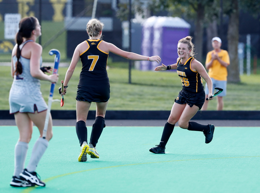 Iowa Hawkeyes Maddy Murphy (26) celebrates with Ellie Holley (7) after scoring against the Penn Quakers Friday, September 14, 2018 at Grant Field. (Brian Ray/hawkeyesports.com)