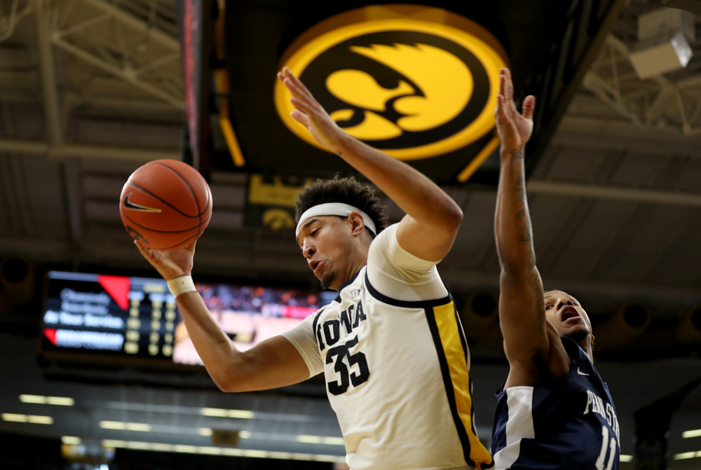 Iowa Hawkeyes forward Cordell Pemsl (35) grabs a rebound against Penn State Saturday, February 29, 2020 at Carver-Hawkeye Arena. (Brian Ray/hawkeyesports.com)