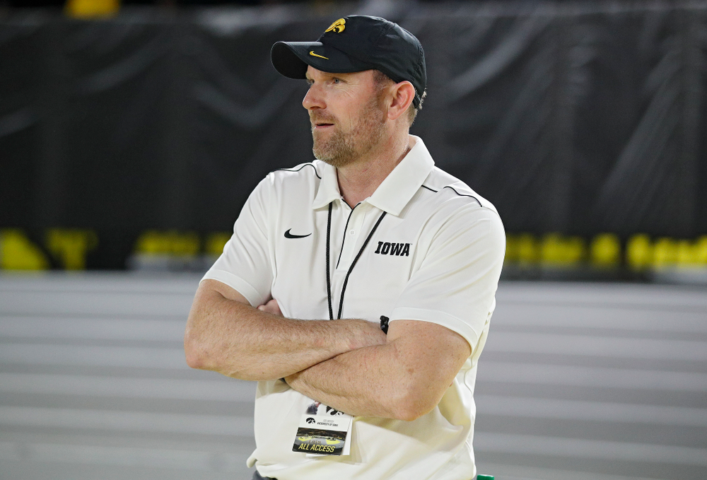 Iowa director of track and field Joey Woody looks on during the women’s 1600 meter relay premier event during the Larry Wieczorek Invitational at the Recreation Building in Iowa City on Saturday, January 18, 2020. (Stephen Mally/hawkeyesports.com)