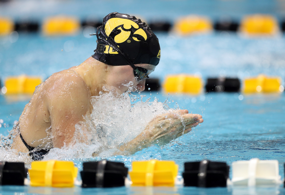 IowaÕs Aleksandra Olesiak swims the 100 yard breaststroke against the Michigan Wolverines Friday, November 1, 2019 at the Campus Recreation and Wellness Center. (Brian Ray/hawkeyesports.com)