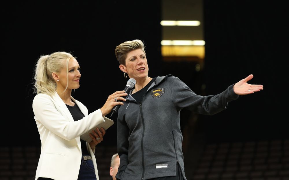 Laura Vandenberg interviews associate head coach Jan Jensen during the teamÕs Celebr-Eight event Wednesday, April 24, 2019 at Carver-Hawkeye Arena. (Brian Ray/hawkeyesports.com)