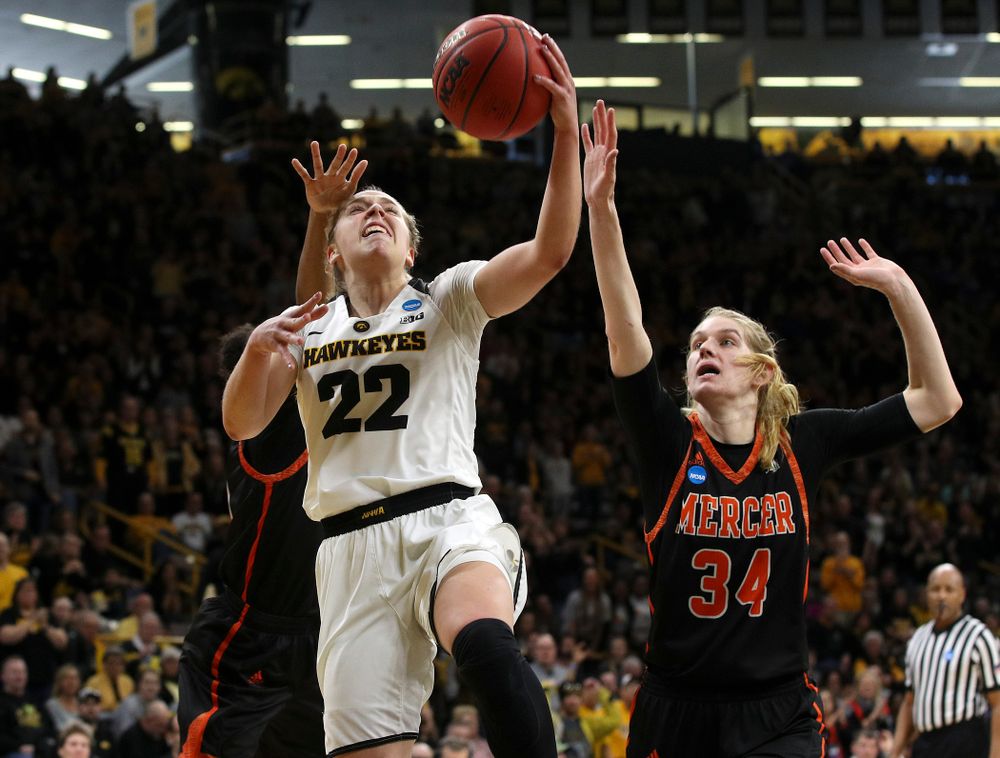 Iowa Hawkeyes guard Kathleen Doyle (22) makes a basket during the first round of the 2019 NCAA Women's Basketball Tournament at Carver Hawkeye Arena in Iowa City on Friday, Mar. 22, 2019. (Stephen Mally for hawkeyesports.com)