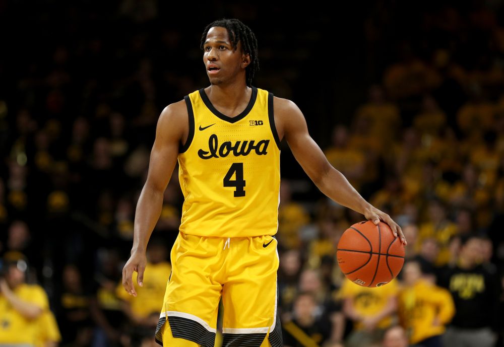 Iowa Hawkeyes guard Bakari Evelyn (4) against the Nebraska Cornhuskers Saturday, February 8, 2020 at Carver-Hawkeye Arena. (Brian Ray/hawkeyesports.com)