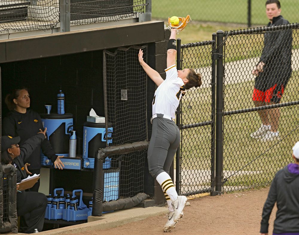 Iowa Hawkeyes Mallory Kilian (11) pulls in a pop up for an out during the fifth inning of their Big Ten Conference softball game at Pearl Field in Iowa City on Friday, Mar. 29, 2019. (Stephen Mally/hawkeyesports.com)