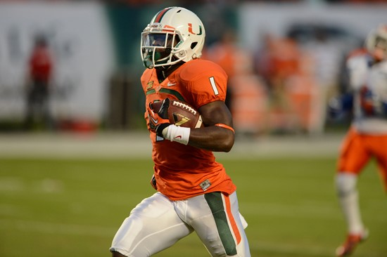 Allen Hurns #1 and the 14th ranked University of Miami Hurricanes will play the Georgia Tech Yellow Jackets at Sun Life Stadium on October 5, 2013. ...