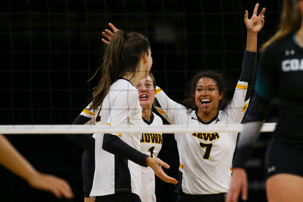 Iowa Hawkeyes defensive specialist Joslyn Boyer (1) and setter Brie Orr (7) against Coastal Carolina Friday, September 20, 2019 at Carver-Hawkeye Arena. (Lily Smith/hawkeyesports.com)