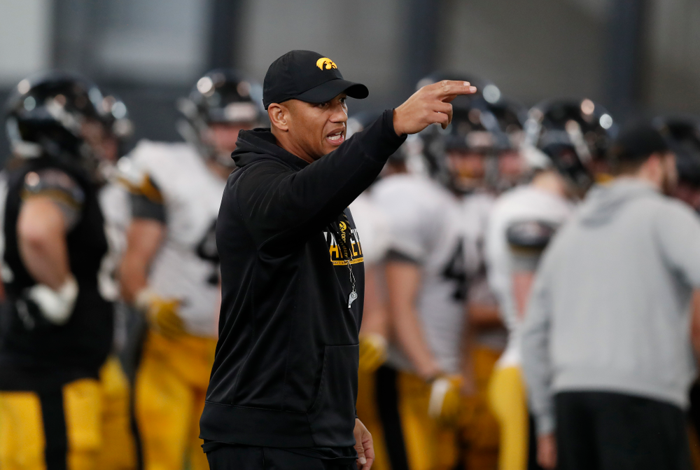 Iowa Hawkeyes special teams coach Levar Woods during spring practice Wednesday, March 28, 2018 at the Hansen Football Performance Center. (Brian Ray/hawkeyesports.com)