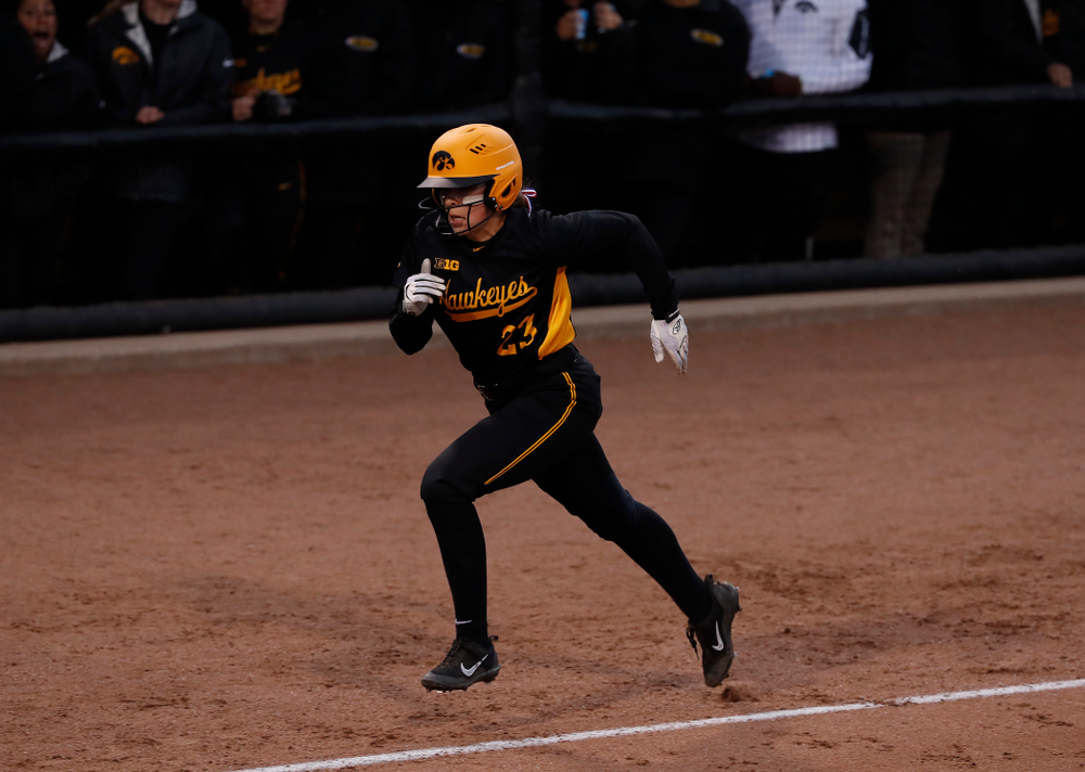 Iowa Hawkeyes infielder Alex Rath (23) against the Minnesota Golden Gophers Friday, April 13, 2018 at Bob Pearl Field. (Brian Ray/hawkeyesports.com)