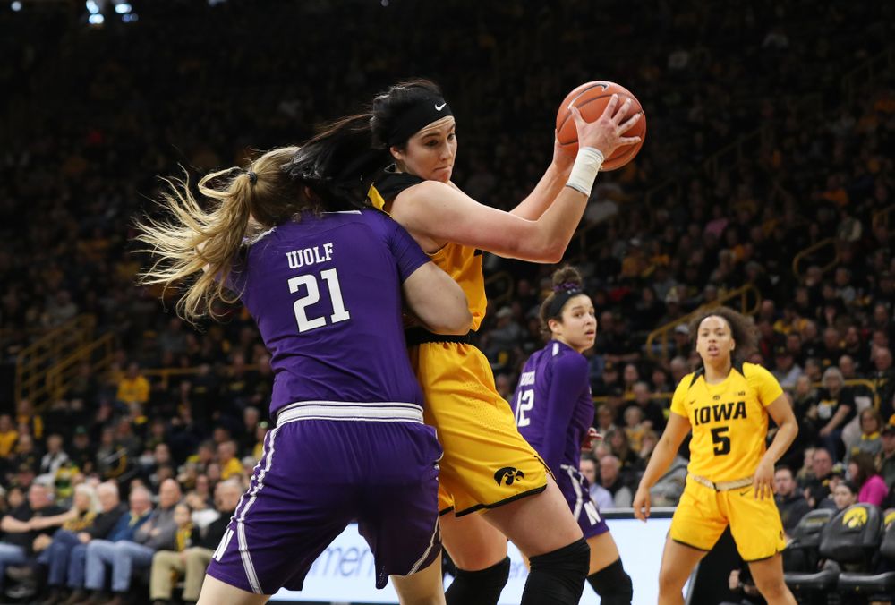 Iowa Hawkeyes forward Megan Gustafson (10) against the Northwestern Wildcats Sunday, March 3, 2019 at Carver-Hawkeye Arena. (Brian Ray/hawkeyesports.com)