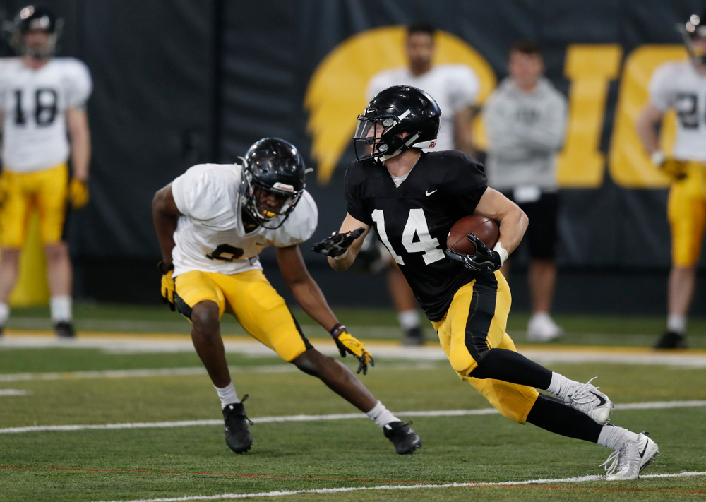 Iowa Hawkeyes wide receiver Kyle Groeneweg (14) during spring practice Thursday, March 29, 2018 at the Hansen Football Performance Center. (Brian Ray/hawkeyesports.com)