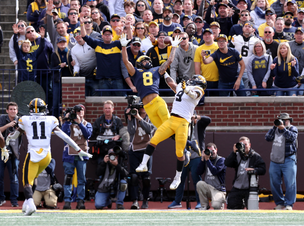 Iowa Hawkeyes defensive back Geno Stone (9) against the Michigan Wolverines Saturday, October 5, 2019 at Michigan Stadium in Ann Arbor, MI. (Brian Ray/hawkeyesports.com)