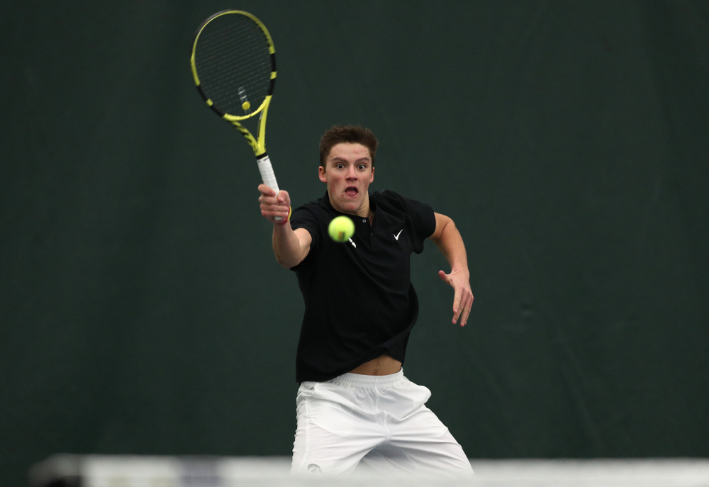 Joe Tyler against Utah Sunday, February 10, 2019 at the Hawkeye Tennis and Recreation Complex. (Brian Ray/hawkeyesports.com)