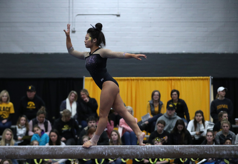 Clair Kaji competes on the beam during the Black and Gold intrasquad meet Saturday, December 1, 2018 at the University of Iowa Field House. (Brian Ray/hawkeyesports.com)